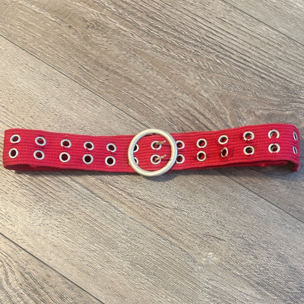 Vintage Red Canvas Double-Grommet Belt with Round Buckle